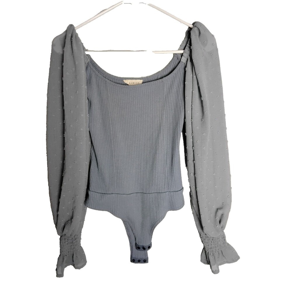 Promesa Blouse Bodysuit  Womans Small  Blue Long Sleeve Textured Sheer Sleeves